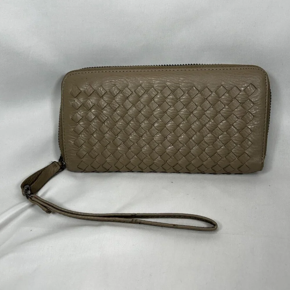 Taupe Nappa Intrecciato Woven Leather Zip Around Wallet Wristlet